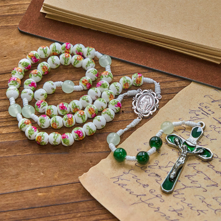 Christianartworkshop Handgefertigter Rosenkranz mit Blumenmuster und wundertätiger Medaille und grünem Emaille-Kruzifix