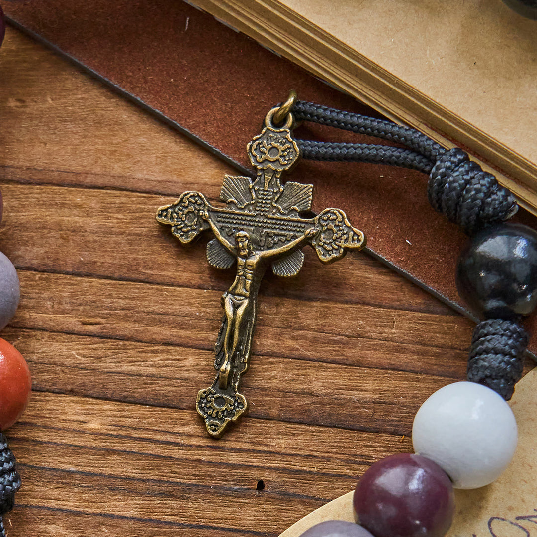 Christianartworkshop Rosenkranz im Morandi-Stil, mehrfarbig, runde Perlen, mit Bronze-Kruzifix