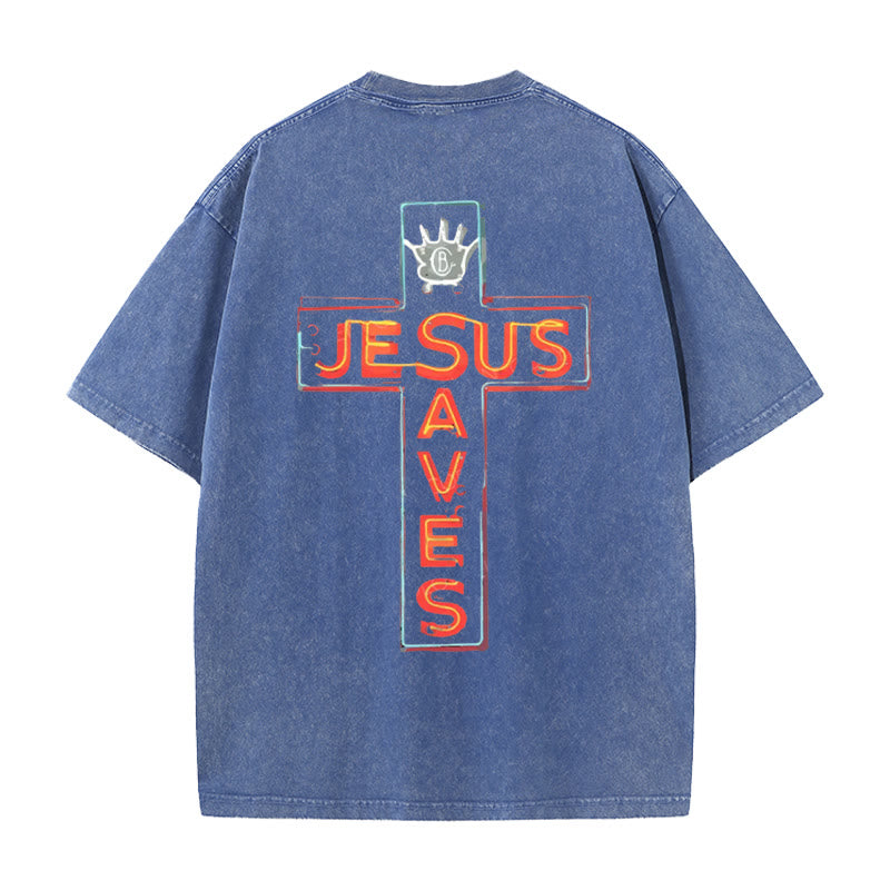 Christianartworkshop Grafik-T-Shirt „Jesus rettet das Kreuz“ - Blau - 5XL - image 0