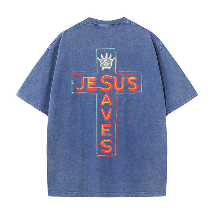 Christianartworkshop Grafik-T-Shirt „Jesus rettet das Kreuz“ - Blau - 5XL - image 0