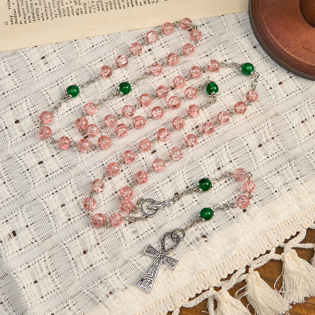 Christianartworkshop Inklusive klarer, funkelnder rosa Glasperlen-Rosenkranzkette aus Legierung mit Unserer Lieben Frau und Ankh-Kreuz
