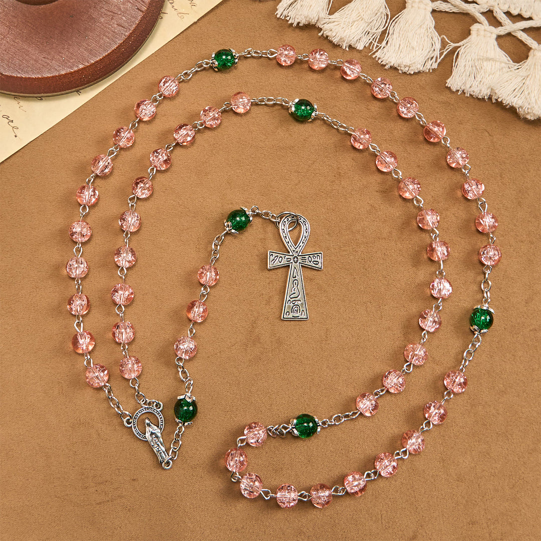 Christianartworkshop Inklusive klarer, funkelnder rosa Glasperlen-Rosenkranzkette aus Legierung mit Unserer Lieben Frau und Ankh-Kreuz