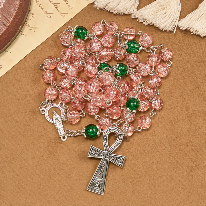 Christianartworkshop Inklusive klarer, funkelnder rosa Glasperlen-Rosenkranzkette aus Legierung mit Unserer Lieben Frau und Ankh-Kreuz