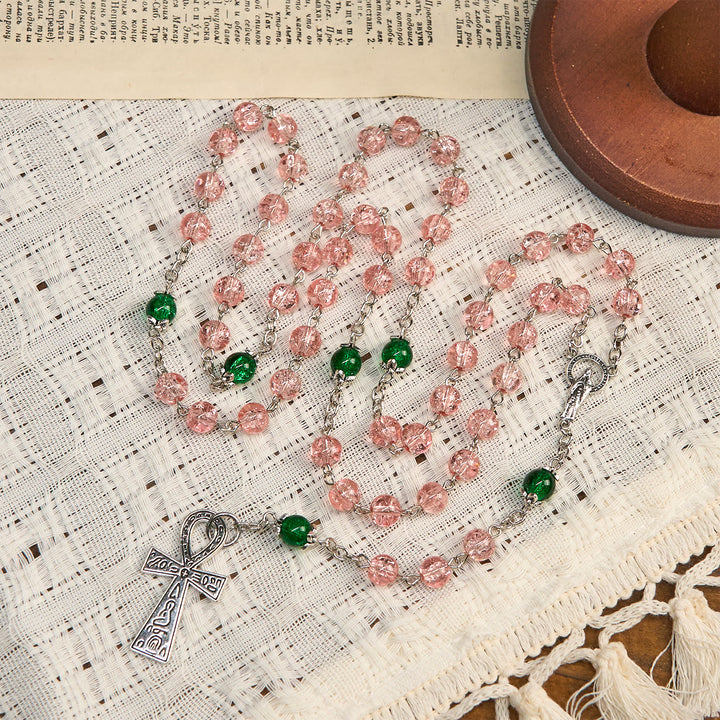 Christianartworkshop Inklusive klarer, funkelnder rosa Glasperlen-Rosenkranzkette aus Legierung mit Unserer Lieben Frau und Ankh-Kreuz