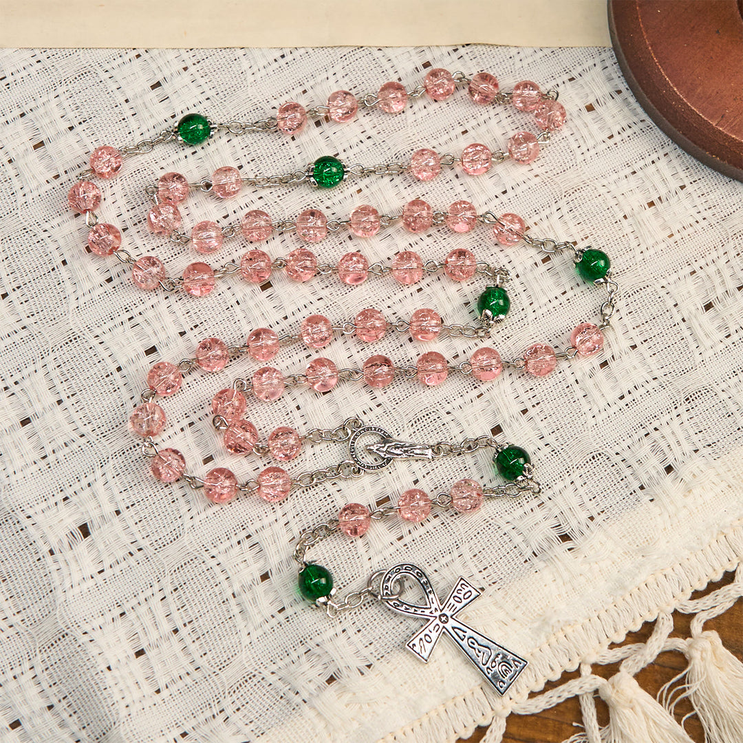 Christianartworkshop Inklusive klarer, funkelnder rosa Glasperlen-Rosenkranzkette aus Legierung mit Unserer Lieben Frau und Ankh-Kreuz