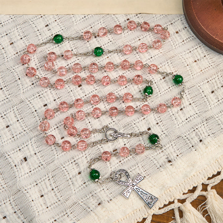 Christianartworkshop Inklusive klarer, funkelnder rosa Glasperlen-Rosenkranzkette aus Legierung mit Unserer Lieben Frau und Ankh-Kreuz