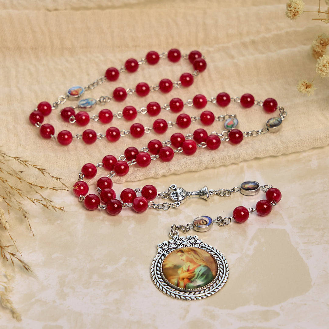 Christianartworkshop Eleganter Rosenkranz aus runden Perlen in Burgunderrot, 8 mm, mit geschnitzter Blume, Medaille Unserer Lieben Frau und Heiliger Gral