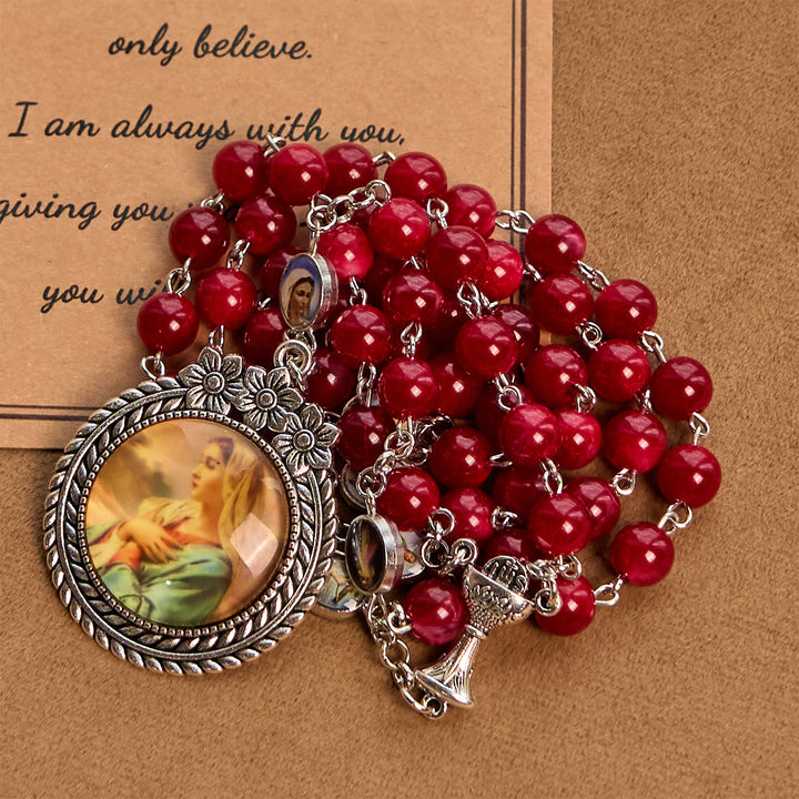 Christianartworkshop Eleganter Rosenkranz aus runden Perlen in Burgunderrot, 8 mm, mit geschnitzter Blume, Medaille Unserer Lieben Frau und Heiliger Gral
