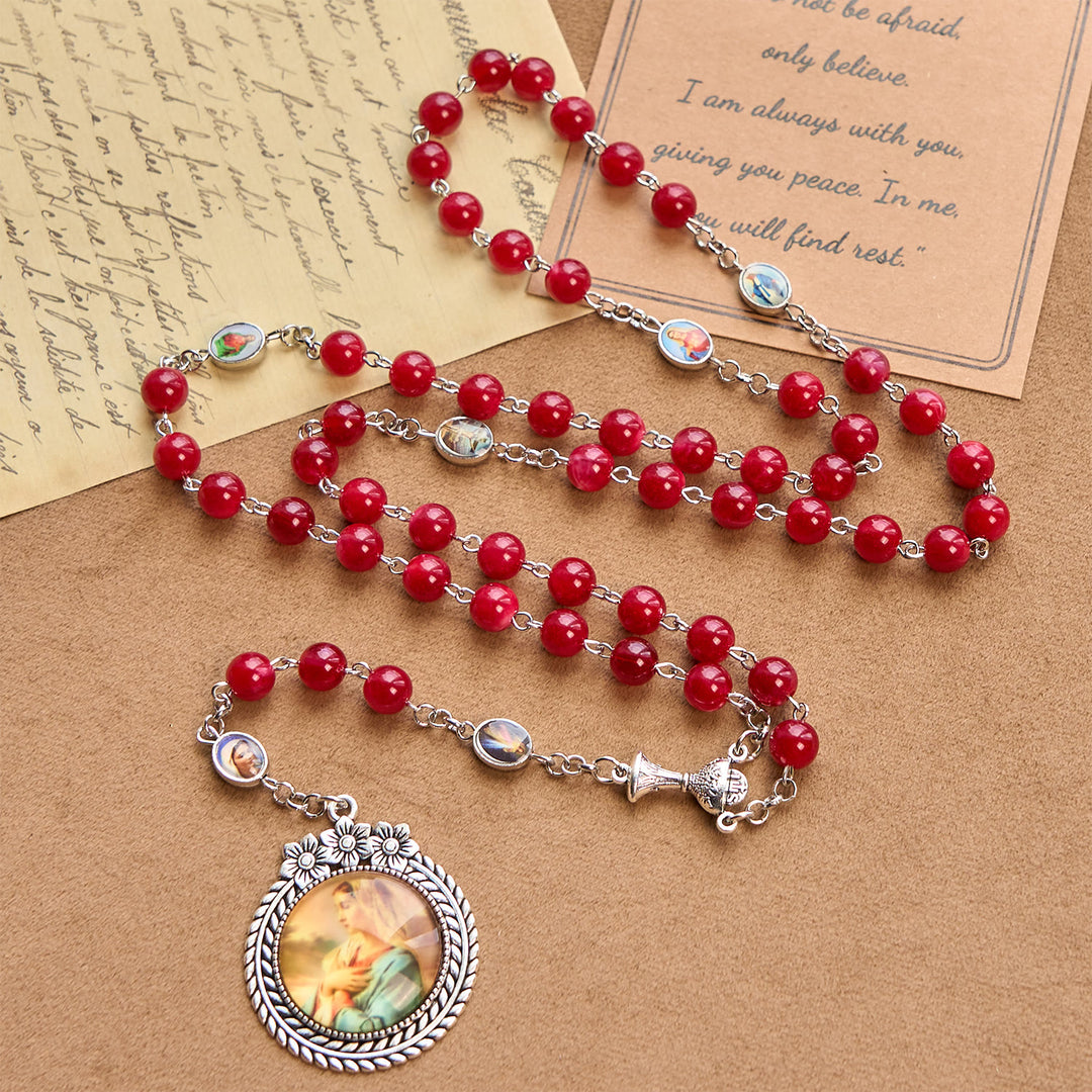 Christianartworkshop Eleganter Rosenkranz aus runden Perlen in Burgunderrot, 8 mm, mit geschnitzter Blume, Medaille Unserer Lieben Frau und Heiliger Gral
