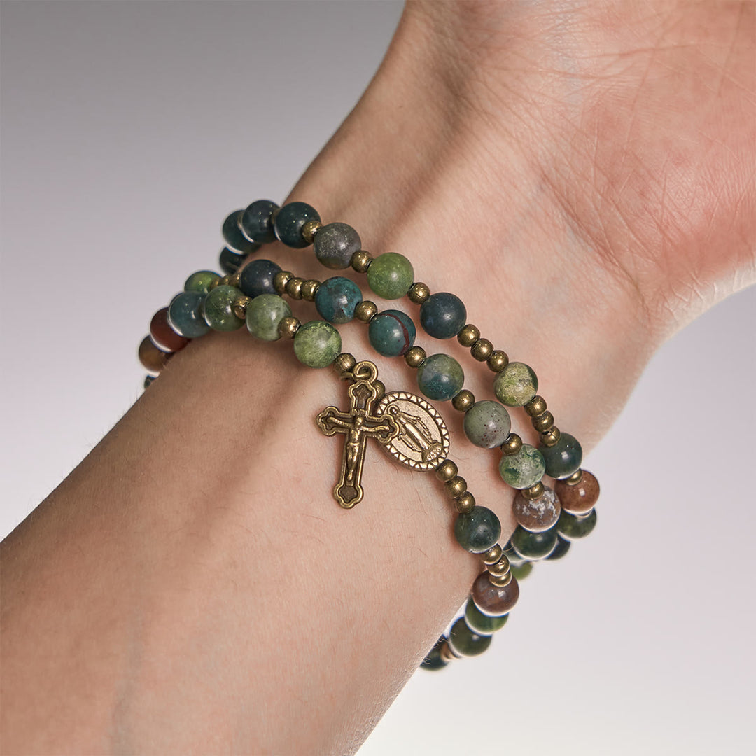 Christianartworkshop Erdfarbene, mehrfarbige, runde Perlen mit bronzener Wundertätiger Medaille und Kruzifix, Rosenkranz und Armband