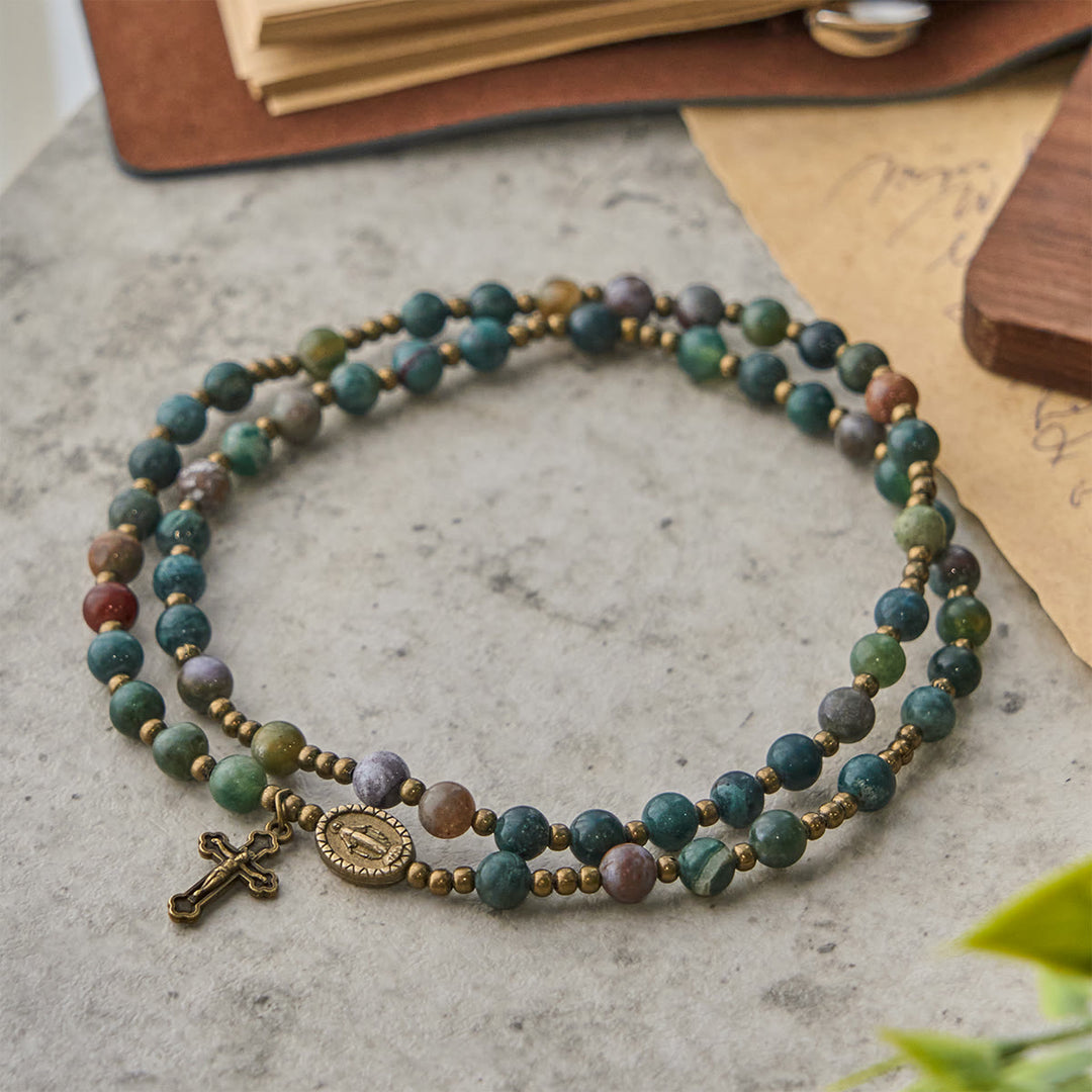 Christianartworkshop Erdfarbene, mehrfarbige, runde Perlen mit bronzener Wundertätiger Medaille und Kruzifix, Rosenkranz und Armband