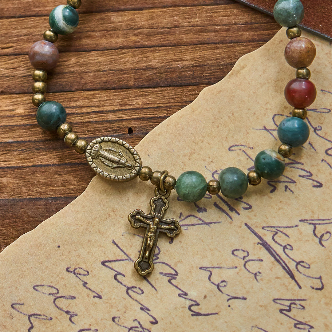 Christianartworkshop Erdfarbene, mehrfarbige, runde Perlen mit bronzener Wundertätiger Medaille und Kruzifix, Rosenkranz und Armband