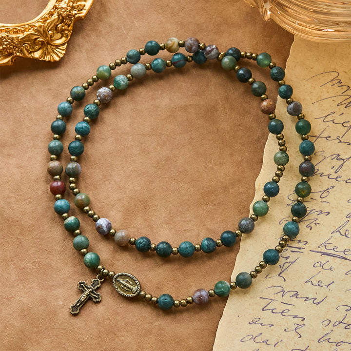 Christianartworkshop Erdfarbene, mehrfarbige, runde Perlen mit bronzener Wundertätiger Medaille und Kruzifix, Rosenkranz und Armband