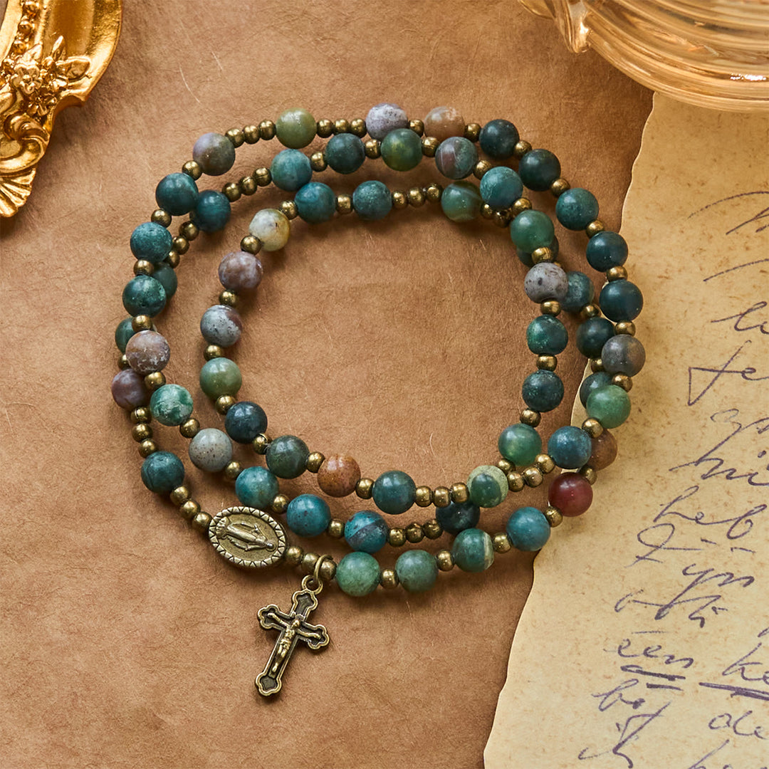 Christianartworkshop Erdfarbene, mehrfarbige, runde Perlen mit bronzener Wundertätiger Medaille und Kruzifix, Rosenkranz und Armband