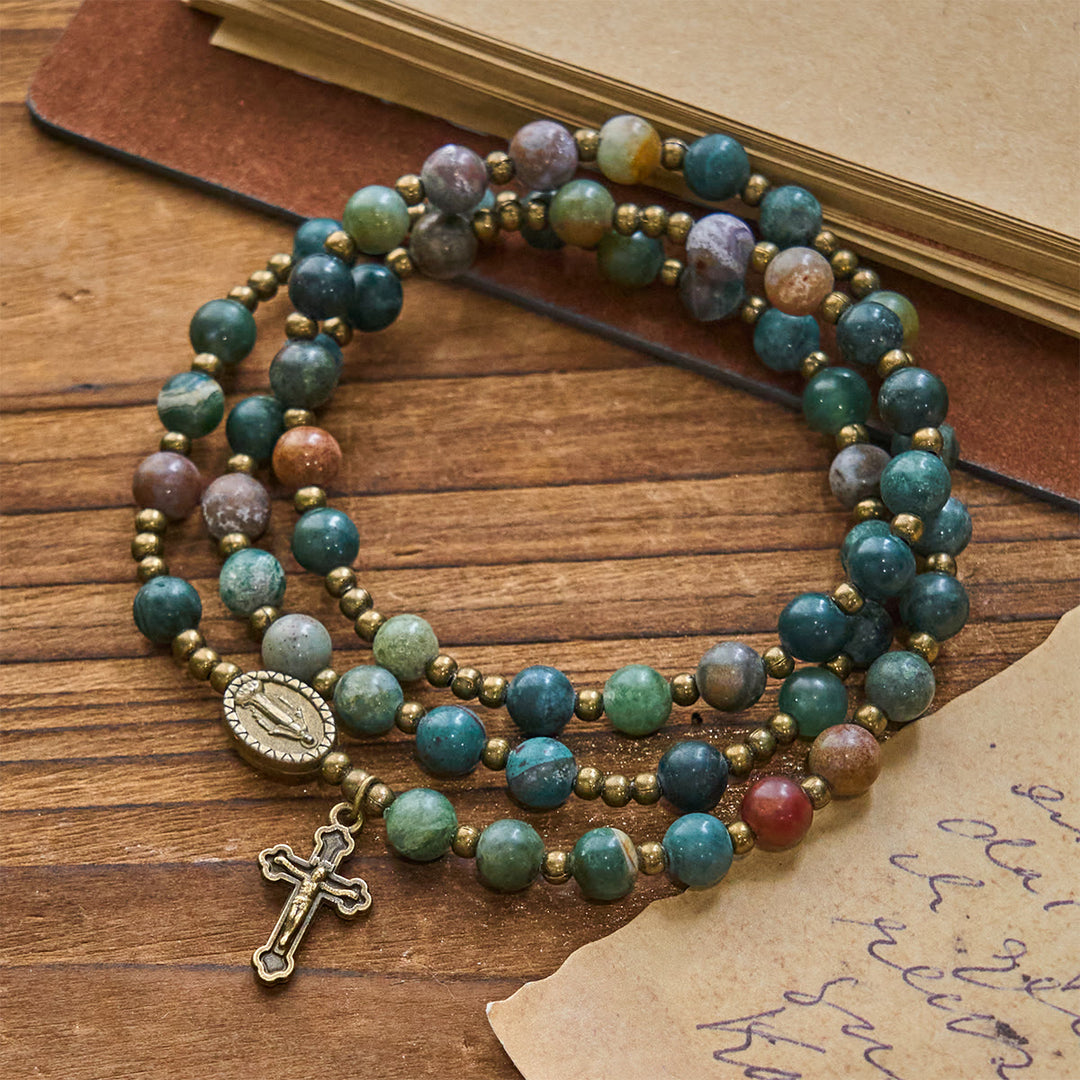 Christianartworkshop Erdfarbene, mehrfarbige, runde Perlen mit bronzener Wundertätiger Medaille und Kruzifix, Rosenkranz und Armband