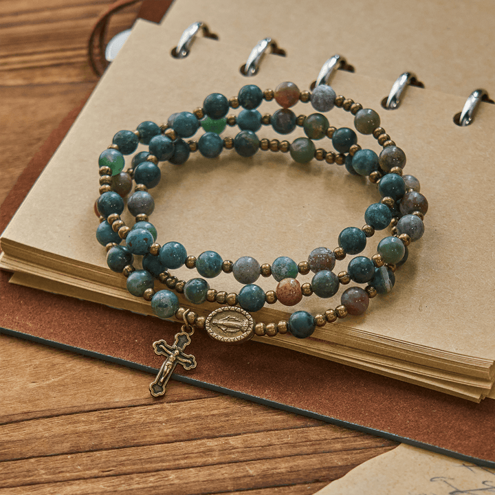 Christianartworkshop Erdfarbene, mehrfarbige, runde Perlen mit bronzener Wundertätiger Medaille und Kruzifix, Rosenkranz und Armband