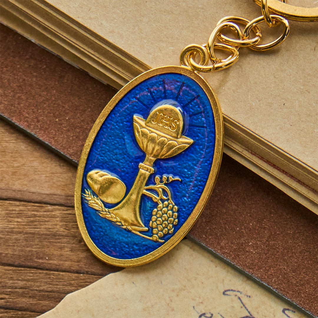 Christianartworkshop Schlüsselanhänger mit rot-blauer Medaille des Heiligen Grals: Inspiriertes religiöses Zeichen - Blau - image 0