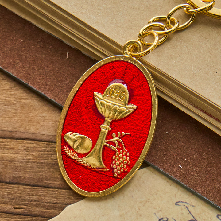 Christianartworkshop Schlüsselanhänger mit rot-blauer Medaille des Heiligen Grals: Inspiriertes religiöses Zeichen - Rot - image 1