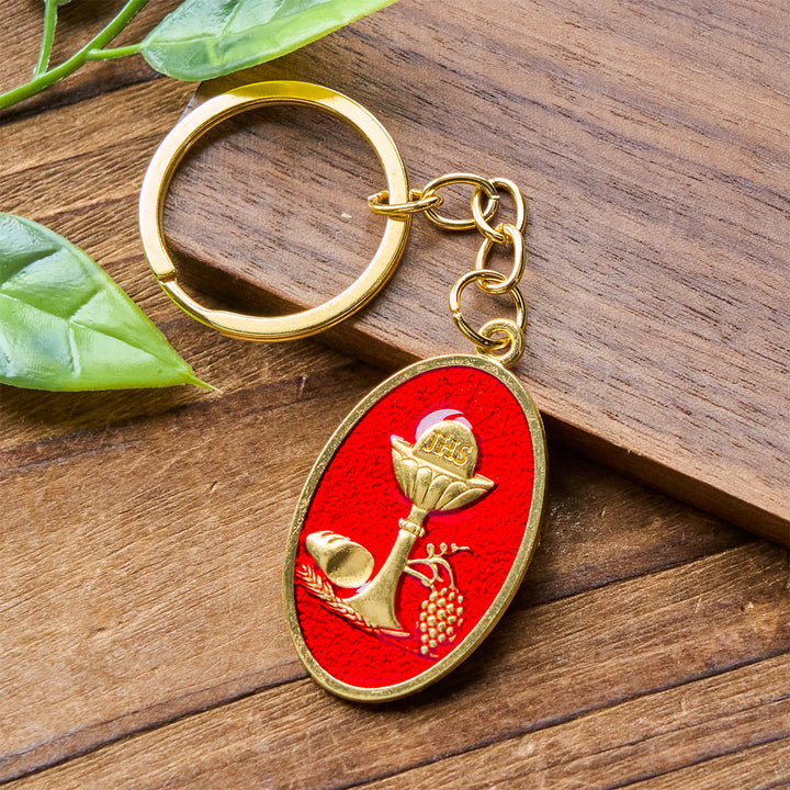 Christianartworkshop Schlüsselanhänger mit rot-blauer Medaille des Heiligen Grals: Inspiriertes religiöses Zeichen - image 4