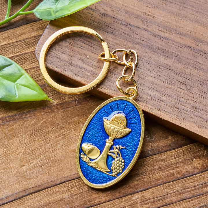 Christianartworkshop Schlüsselanhänger mit rot-blauer Medaille des Heiligen Grals: Inspiriertes religiöses Zeichen - image 2