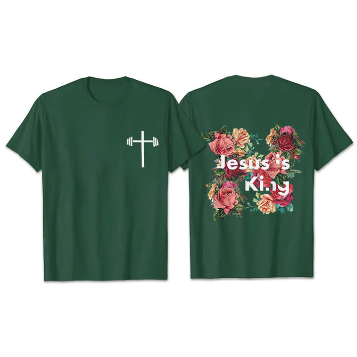 Christianartworkshop Floral Embedded Jesus is King Christian T-Shirt - Dunkelgrün - 2XL - image 19