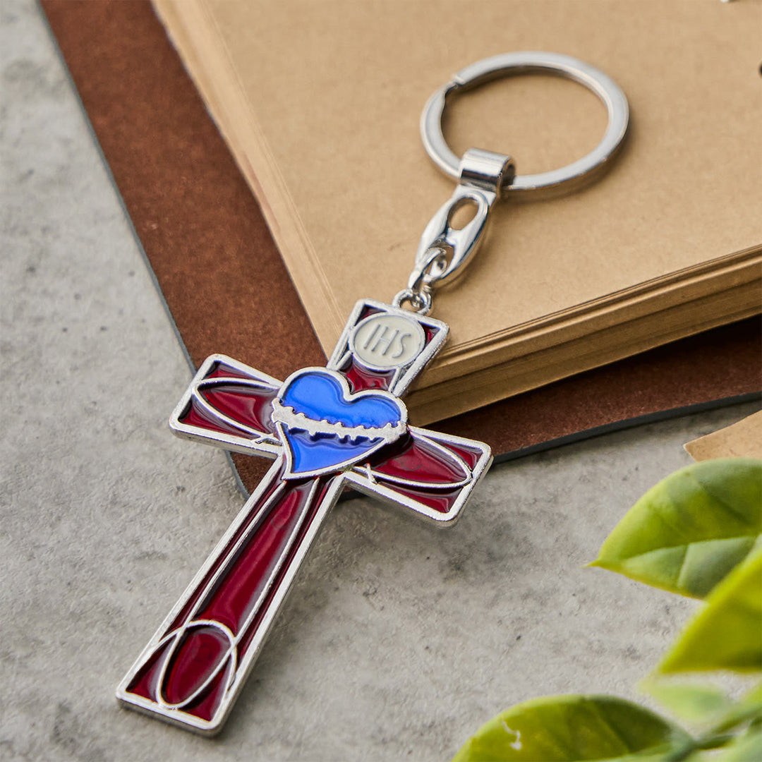 Christianartworkshop Schlüsselanhänger mit Heiligem Herzen und Pax-Kreuz, Emaille, dreifarbig: Zeitloses spirituelles Design - Rotes Kreuz - image 1