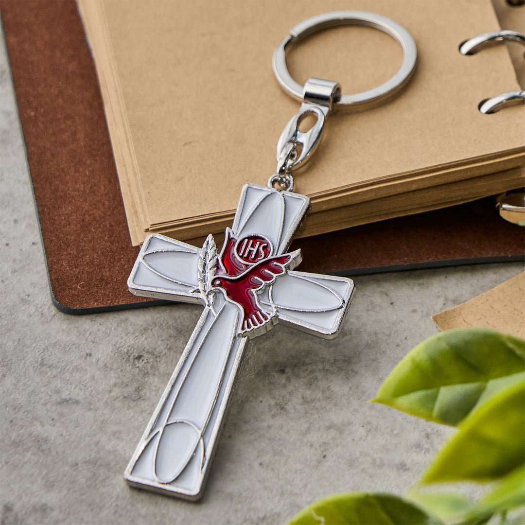 Christianartworkshop IHS Schlüsselanhänger mit Taubenkreuz des Heiligen Geistes: Zwei Farbstile, friedliche Emaille-Kunst - image 6