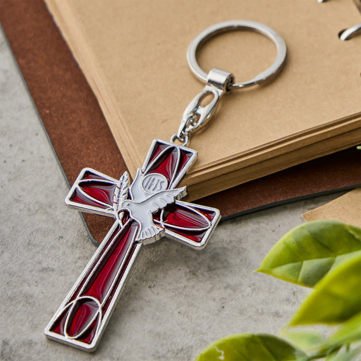 Christianartworkshop IHS Schlüsselanhänger mit Taubenkreuz des Heiligen Geistes: Zwei Farbstile, friedliche Emaille-Kunst - image 4