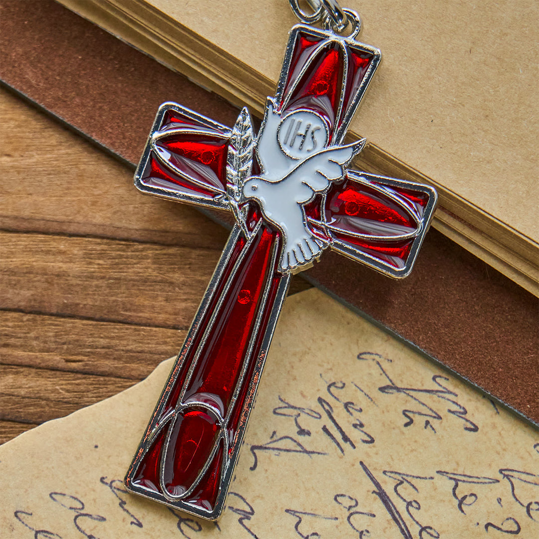 Christianartworkshop IHS Schlüsselanhänger mit Taubenkreuz des Heiligen Geistes: Zwei Farbstile, friedliche Emaille-Kunst - image 2