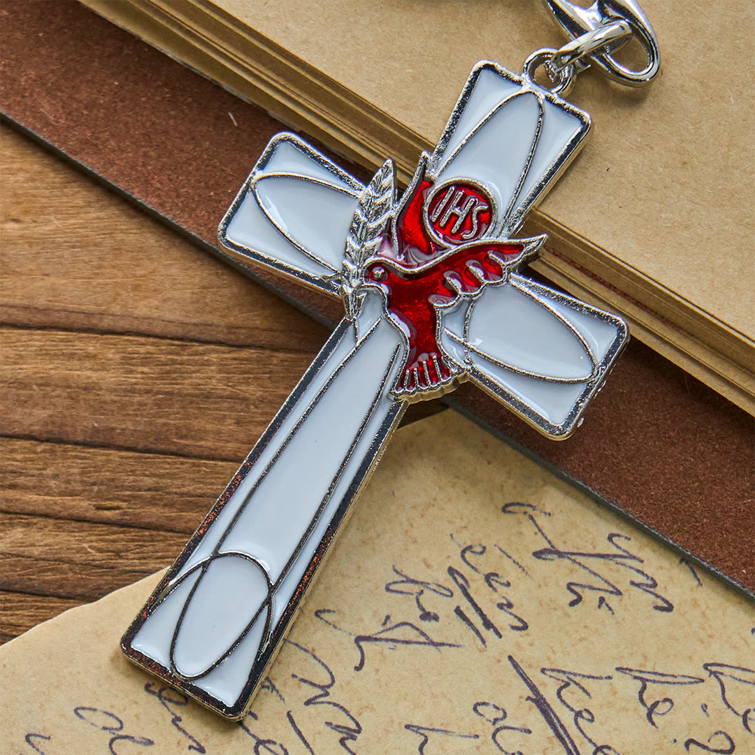 Christianartworkshop IHS Schlüsselanhänger mit Taubenkreuz des Heiligen Geistes: Zwei Farbstile, friedliche Emaille-Kunst - image 3