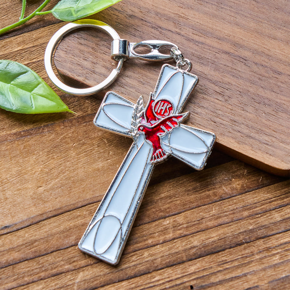 Christianartworkshop IHS Schlüsselanhänger mit Taubenkreuz des Heiligen Geistes: Zwei Farbstile, friedliche Emaille-Kunst - Weißes Kreuz - image 1