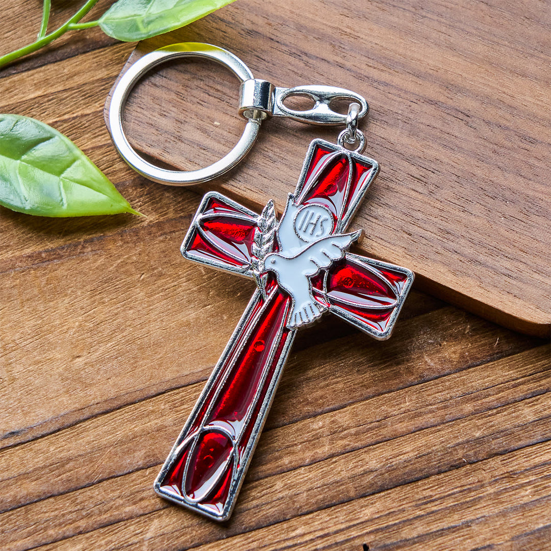 Christianartworkshop IHS Schlüsselanhänger mit Taubenkreuz des Heiligen Geistes: Zwei Farbstile, friedliche Emaille-Kunst - Rotes Kreuz - image 1