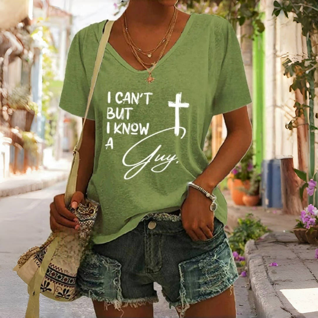 Christianartworkshop T-Shirt mit V-Ausschnitt und Aufdruck „I Can't But I Know A Guy“