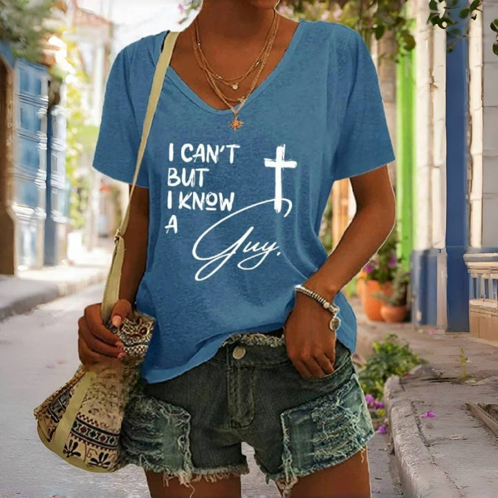 Christianartworkshop T-Shirt mit V-Ausschnitt und Aufdruck „I Can't But I Know A Guy“