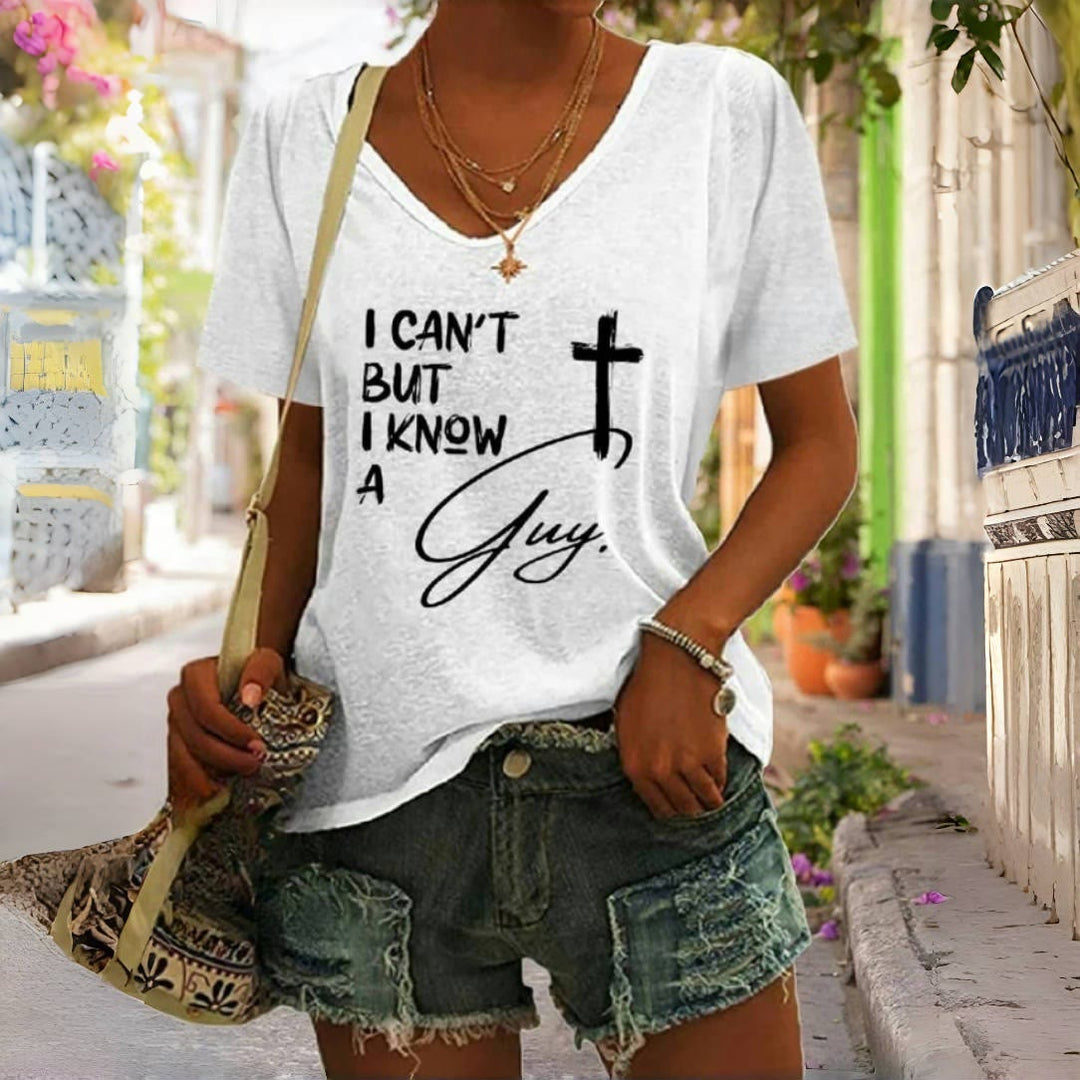 Christianartworkshop T-Shirt mit V-Ausschnitt und Aufdruck „I Can't But I Know A Guy“