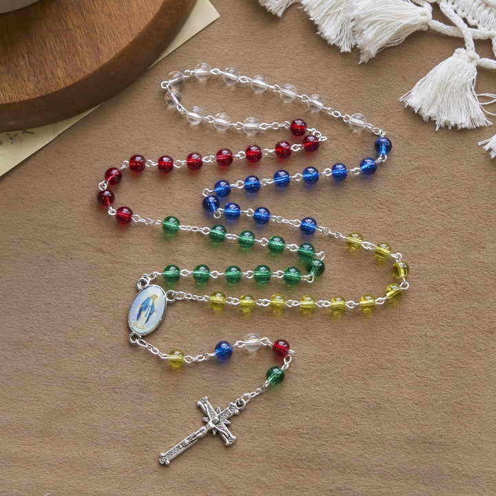 Christianartworkshop Rosenkranz mit Anhänger und Kruzifix der Heiligen Jungfrau Maria, 6 mm, transparente, mehrfarbige Regenbogenperlen