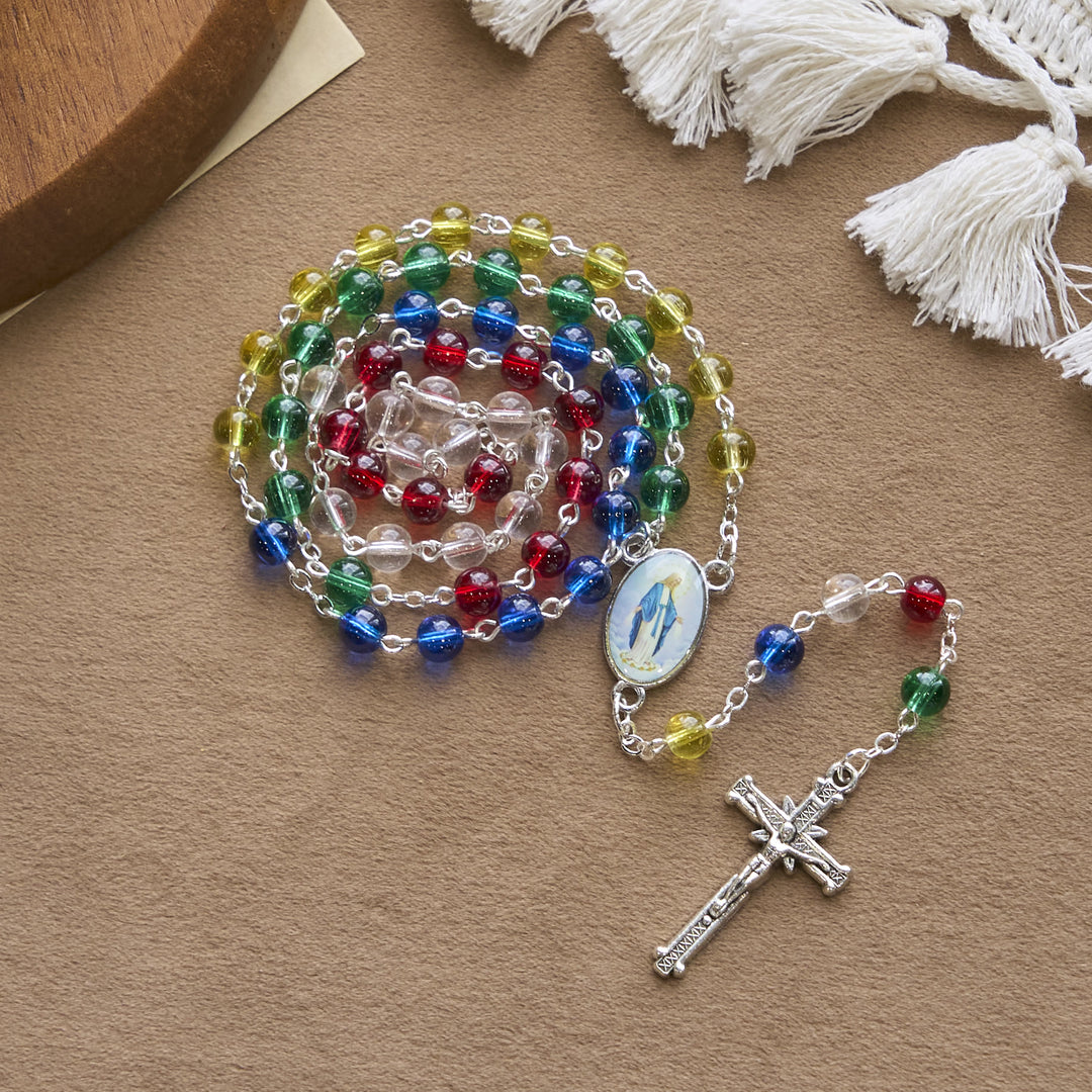 Christianartworkshop Rosenkranz mit Anhänger und Kruzifix der Heiligen Jungfrau Maria, 6 mm, transparente, mehrfarbige Regenbogenperlen