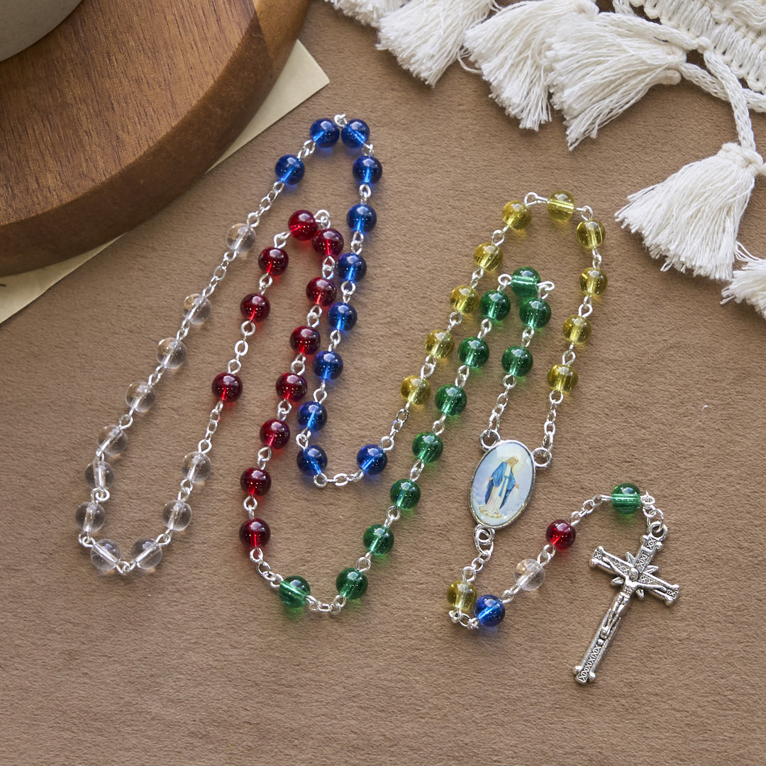 Christianartworkshop Rosenkranz mit Anhänger und Kruzifix der Heiligen Jungfrau Maria, 6 mm, transparente, mehrfarbige Regenbogenperlen
