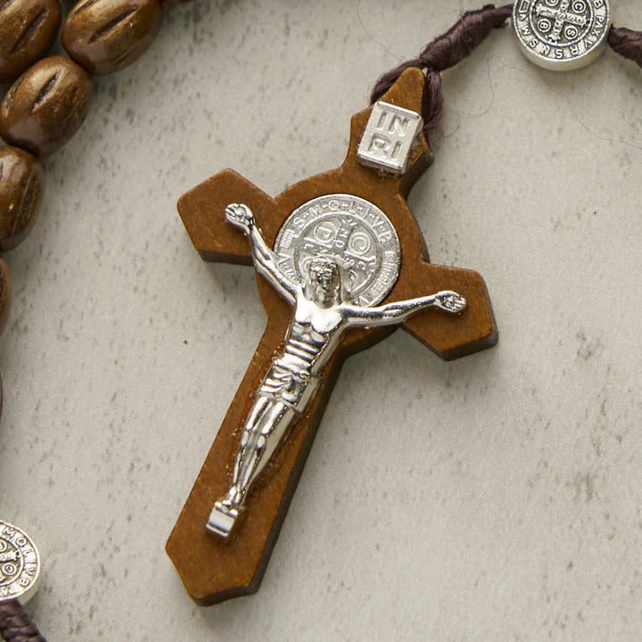 Christianartworkshop Rosenkranz im Retro-Stil, 10 mm, mattbraun, mit St. Benedikt-Anhänger und INRI-Kruzifix-Rosenkranz
