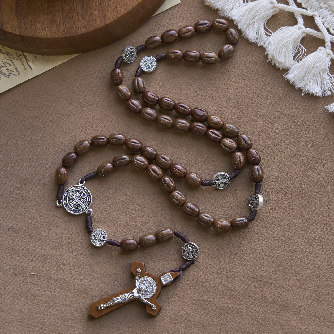 Christianartworkshop Rosenkranz im Retro-Stil, 10 mm, mattbraun, mit St. Benedikt-Anhänger und INRI-Kruzifix-Rosenkranz
