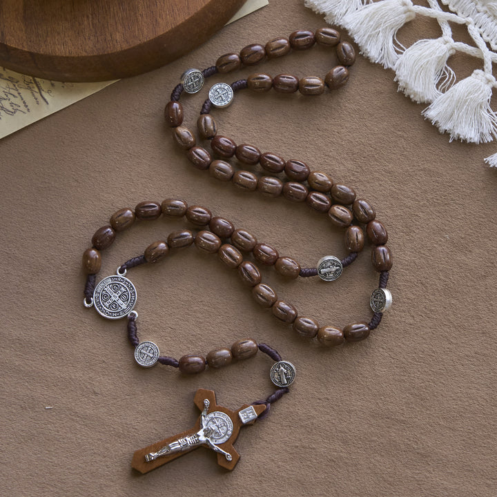 Christianartworkshop Rosenkranz im Retro-Stil, 10 mm, mattbraun, mit St. Benedikt-Anhänger und INRI-Kruzifix-Rosenkranz