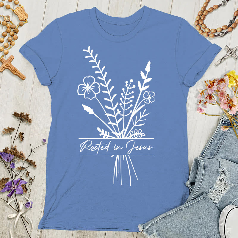 Christianartworkshop Damen T-Shirt mit Aufschrift „Verwurzelt in Jesus“