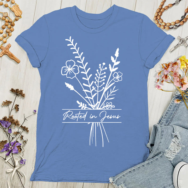 Christianartworkshop Damen T-Shirt mit Aufschrift „Verwurzelt in Jesus“