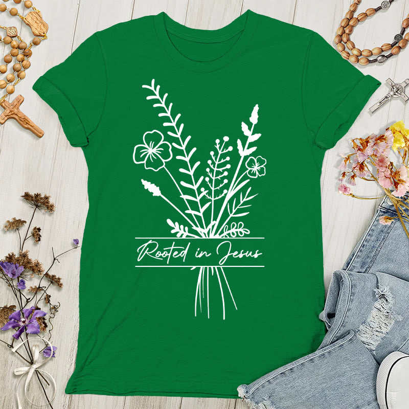 Christianartworkshop Damen T-Shirt mit Aufschrift „Verwurzelt in Jesus“