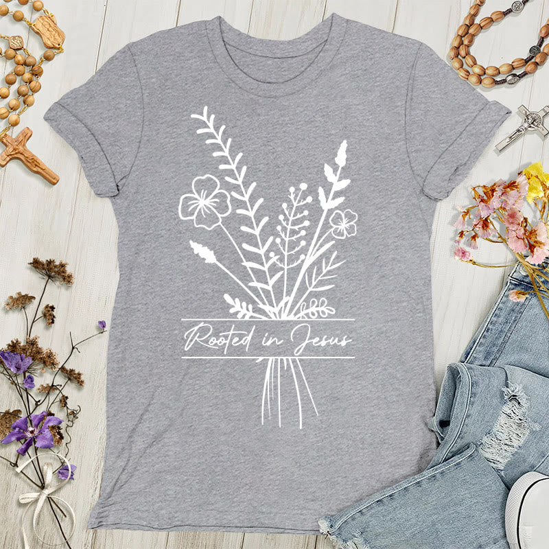 Christianartworkshop Damen T-Shirt mit Aufschrift „Verwurzelt in Jesus“