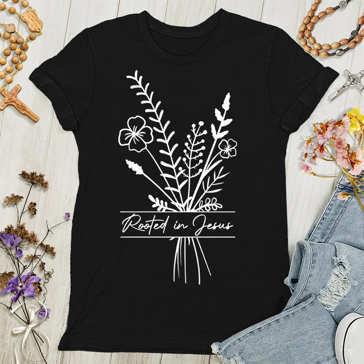 Christianartworkshop Damen T-Shirt mit Aufschrift „Verwurzelt in Jesus“