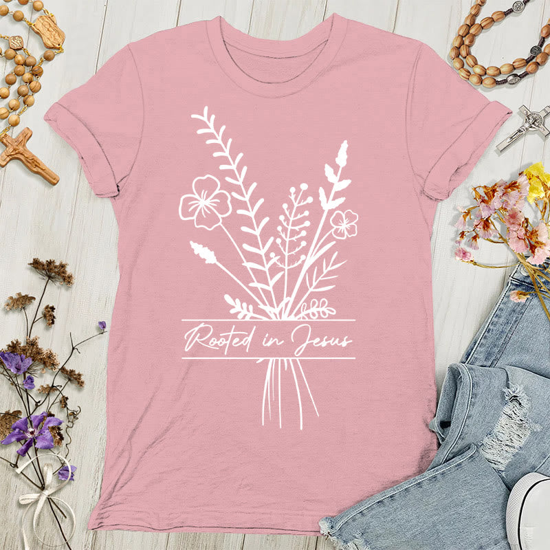 Christianartworkshop Damen T-Shirt mit Aufschrift „Verwurzelt in Jesus“