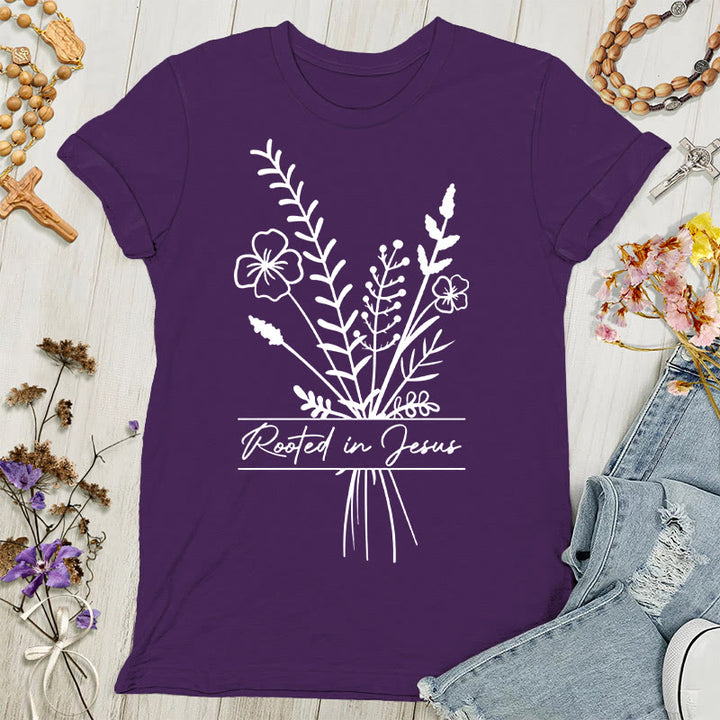 Christianartworkshop Damen T-Shirt mit Aufschrift „Verwurzelt in Jesus“