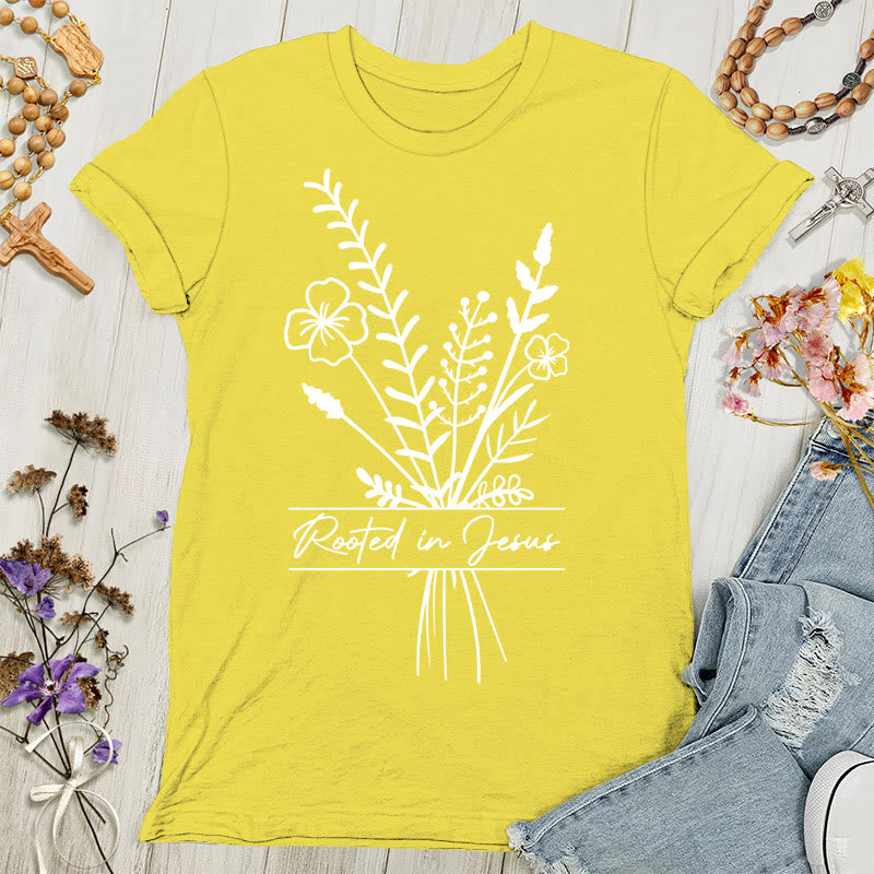 Christianartworkshop Damen T-Shirt mit Aufschrift „Verwurzelt in Jesus“