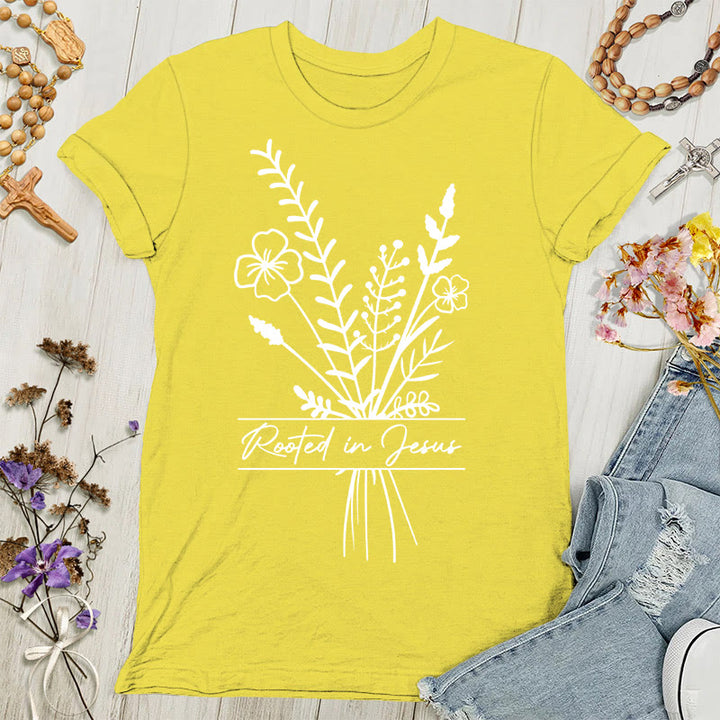 Christianartworkshop Damen T-Shirt mit Aufschrift „Verwurzelt in Jesus“